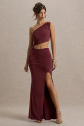 Sena | Burgundy Asymmetric Maxi Dress With Cut Out Details