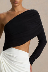Malika | Black And White Asymmetric-Neck Maxi Dress With Body-Cut Out And Ruched Detailing
