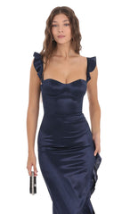 Satin Ruffle Maxi Dress in Navy