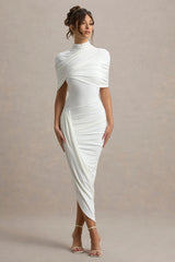 Enchant | White Asymmetric Twisted Cape Midi Dress