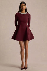 Eletta | Burgundy Embellished Crew-Neck Mini Dress