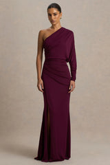 Lola | Burgundy Asymmetric-Neck Maxi Dress With Ruched Detailing And Front High-Split