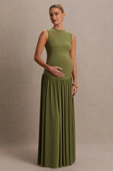 Outline | Olive High-Neck Maternity Maxi Dress With Draped Skirt