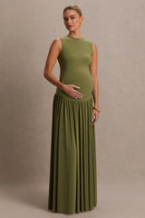 Outline | Olive High-Neck Maternity Maxi Dress With Draped Skirt