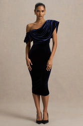 High End | Navy Velvet Asymmetric-Neck Midi Dress With Draped Detailing