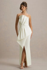 Dreamy Whispers | Cream Strapless Ruffle Split Maxi Dress