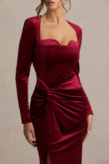Fay | Berry Velvet Corset Style Knot Maxi Dress