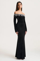 Fern | Black Velvet Embellished Bardot-Neck Maxi Dress
