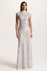 Cecy | Silver Sequin High-Neck Maxi Dress With Cap Sleeves