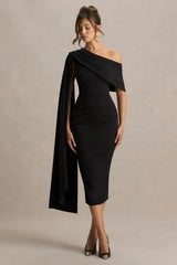 Leah | Black Asymmetric-Neck Midi Dress With Cape-Sleeve And Draped Detailing