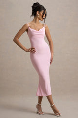 Addison | Pink Cowl-Neck Open-Back Midi Dress With Lace