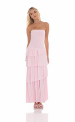 Strapless Asymmetrical Ruffle Maxi Dress in Pink