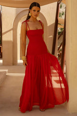 Maeva | Red Square-Neck Fishtail Maxi Dress With Ruched Detailing