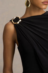Cressida | Black Asymmetric-Neck Maxi Dress With Cape