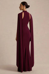 Cordy | Burgundy High-Neck Maxi Dress With Scarf-Detail