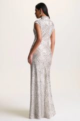 Cecy | Silver Sequin High-Neck Maxi Dress With Cap Sleeves