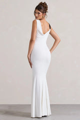 A Catch | White Cowl-Neck Split Maxi Dress With Bow