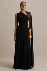 Selena | Black High-Neck Maxi Dress With Cut-Out And Cape Sleeve Detail