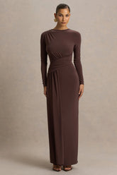 Virelle | Brown Boat-Neck Maxi Dress With Wrap Detail And Sash