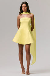 Love Me | Lemon Satin Skater Mini Dress With Chiffon Scarf