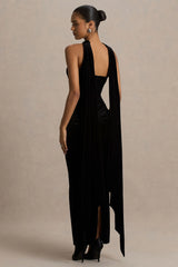 Paloma | Black Velvet Bandeau-Neck Maxi Dress With Scarf