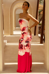 Ceremony | Large Pink Floral Print Bandeau Fishtail Maxi Dress