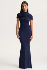 Azaria | Navy High-Neck Maxi Dress With Ruched Detailing