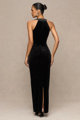 Darya | Black Velvet Embellished High-Neck Maxi Dress
