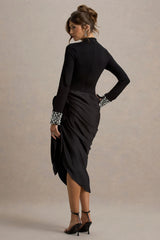 Luanna | Black Satin Long-Sleeve Midi Dress With Draped Skirt