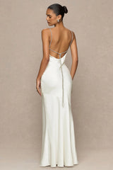 Maelia | Cream Satin Cowl-Neck Maxi Dress With Diamante Straps