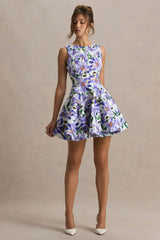 Gabrielle | Purple Lily Print High-Neck Mini Dress With Ruffling Detail