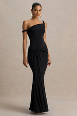 Tulisa | Black Asymmetric-Neck Maxi Dress With Twist Sleeves And Ruched Detailing
