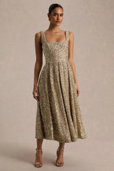 Lima | Champagne Sequin Square-Neck A-Line Midi Dress
