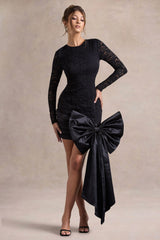 Evry | Black Lace Long-Sleeve Mini Dress With Oversized Satin Bow