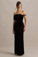 Poised | Black Velvet Bardot-Neck Maxi Dress With Twist-Sleeve