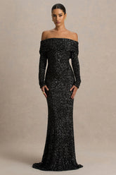 Obsession | Black Sequin Bardot-Neck Maxi Dress With Long Sleeves