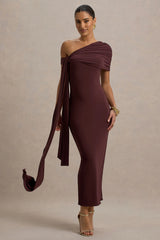 Praia | Burgundy Asymmetric-Neck Midi Dress With Sash and Draped Detailing