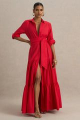Sydney | Red Belted Maxi Shirt Dress