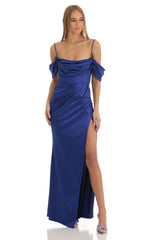 Ruched Satin Maxi Dress in Blue