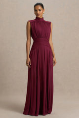 Melanina | Burgundy High-Neck Maxi Dress With Ruched Detailing