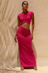 Pia | Hot Pink Short-Sleeve Maxi Dress With Cut-Out