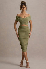 Clovette | Olive Ruched Bardot Cut-Out Midi Dress