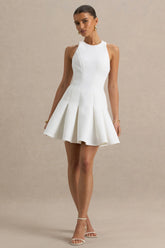 Leilani | White Racer-Neck Mini Dress With Ruffling Detail