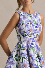 Gabrielle | Purple Lily Print High-Neck Mini Dress With Ruffling Detail