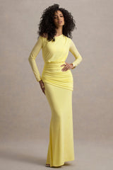Deanna | Lemon Asymmetric Long-Sleeve Ruched Maxi Dress