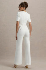Simone | White Sweetheart Short-Sleeve Wide-Leg Jumpsuit