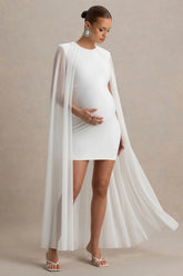 Charlene | White High-Neck Maternity Mini Dress With Mesh Cape