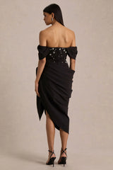 Sylvia | Black Hand-Embellished Bardot-Neck Midi Dress With Draped Satin-Wrap Skirt