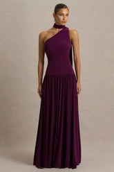 Freesia | Plum Asymmetric-Neck Maxi Dress With Scarf-Detail