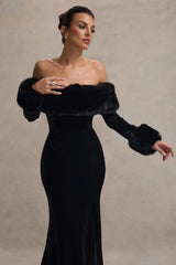Mystique | Black Bardot Split Maxi Dress With Fur Trims